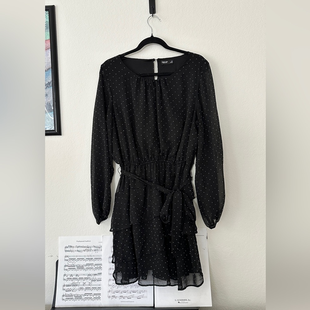 SIMPLY VERA WANG BLACK SWISS DOT CHIFFON TIERED MINI DRESS LBD PARTY SZ XL